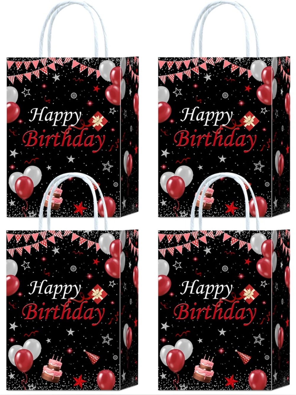 Happy Birthday Gift Bags - Black with Red & Silver Balloons